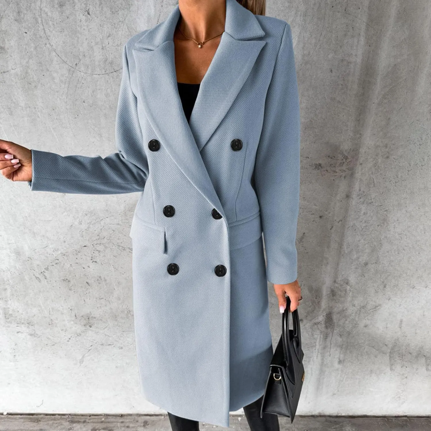 Wkishenl Long Winter Coats for Women Casual Notch Lapel Double-Breasted Peacoat Elegant Work Office Trench Coat with Pockets