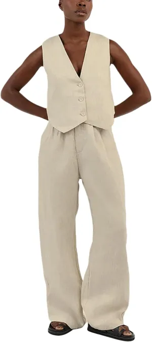 Women Blazer Set Sleeveless V Neck Vest Top Waistcoat Linen Pants 2 Piece Vest Suit Dressy Y2k Matching Sets