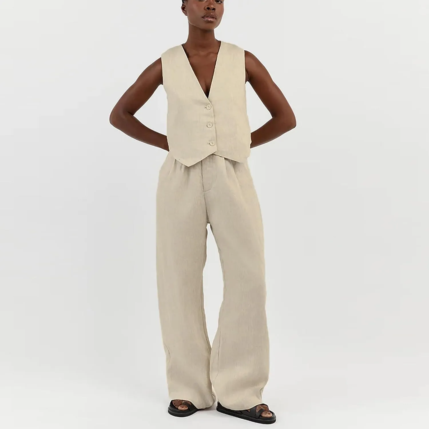 Women Blazer Set Sleeveless V Neck Vest Top Waistcoat Linen Pants 2 Piece Vest Suit Dressy Y2k Matching Sets