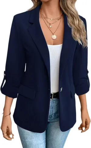 Women Blazers 3/4 Roll Sleeve Lapel Blazer Jacket Button Down Open Front Coat Casual Business Jackets with Pockets