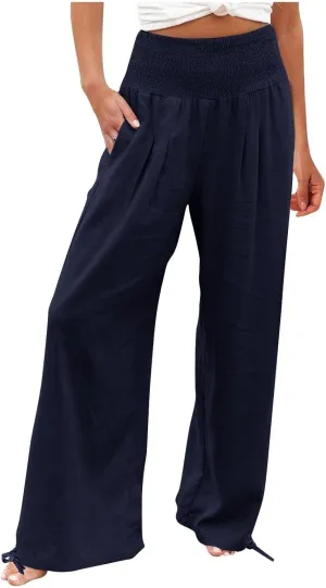 Women Boho Pants Summer Wide Leg Elastic High Waist Smocked Palazzo Pants Loose Cotton Linen Trousers with Pockets