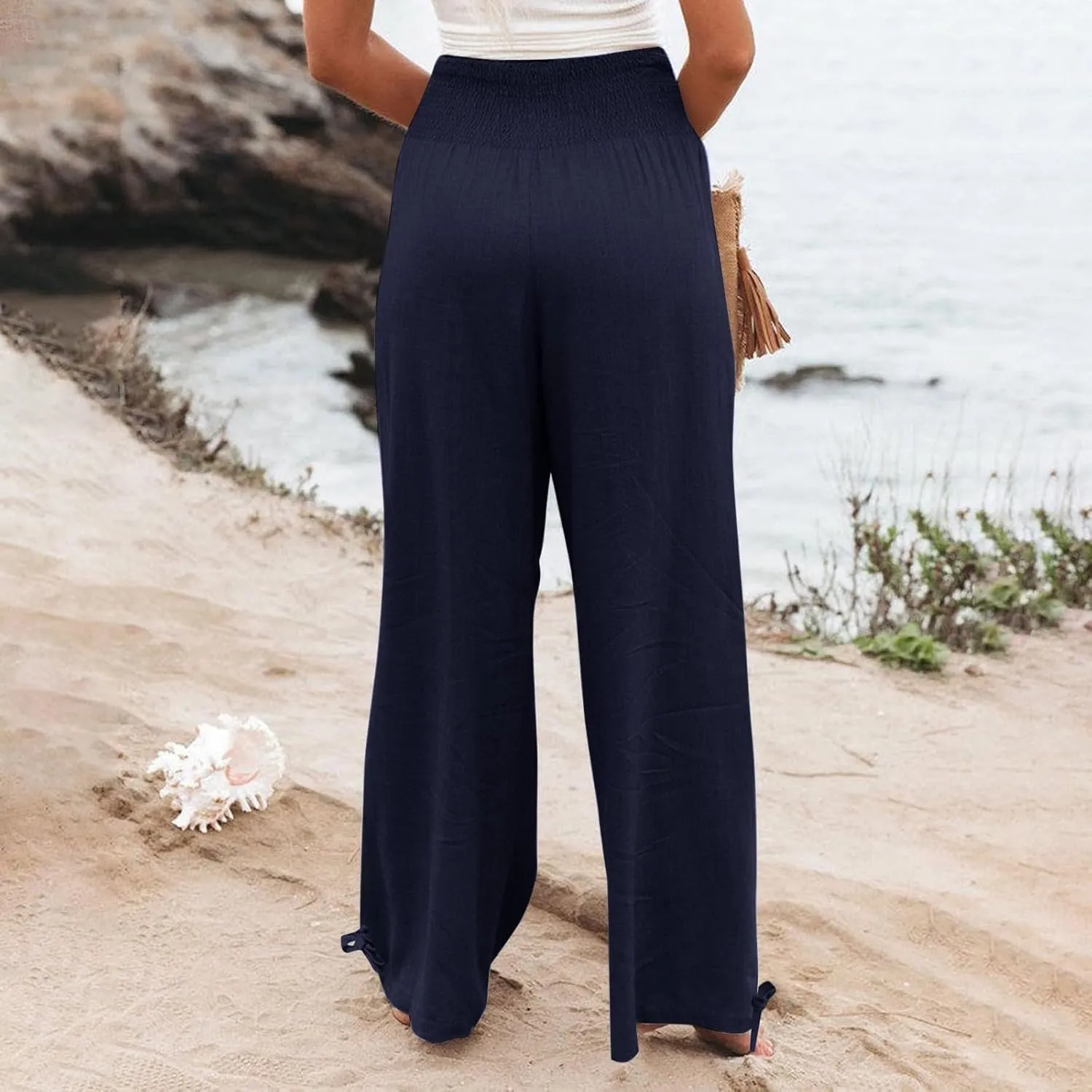 Women Boho Pants Summer Wide Leg Elastic High Waist Smocked Palazzo Pants Loose Cotton Linen Trousers with Pockets