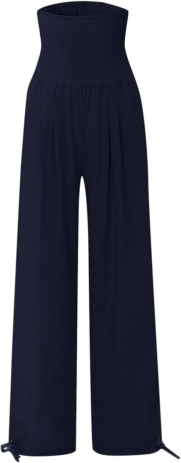 Women Boho Pants Summer Wide Leg Elastic High Waist Smocked Palazzo Pants Loose Cotton Linen Trousers with Pockets