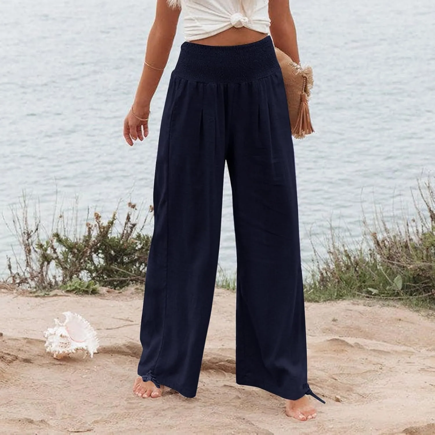 Women Boho Pants Summer Wide Leg Elastic High Waist Smocked Palazzo Pants Loose Cotton Linen Trousers with Pockets