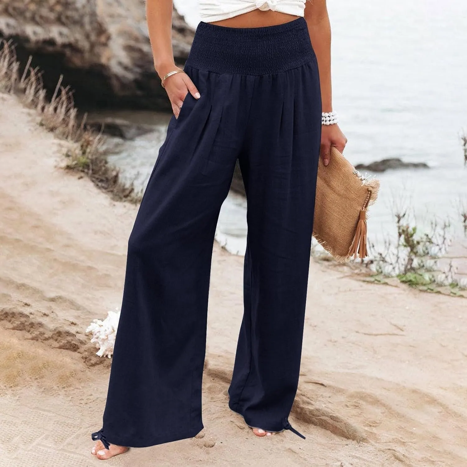 Women Boho Pants Summer Wide Leg Elastic High Waist Smocked Palazzo Pants Loose Cotton Linen Trousers with Pockets