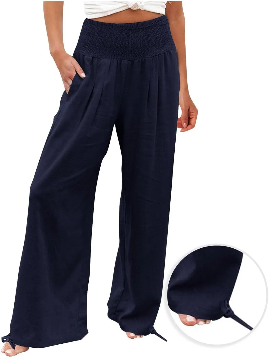 Women Boho Pants Summer Wide Leg Elastic High Waist Smocked Palazzo Pants Loose Cotton Linen Trousers with Pockets
