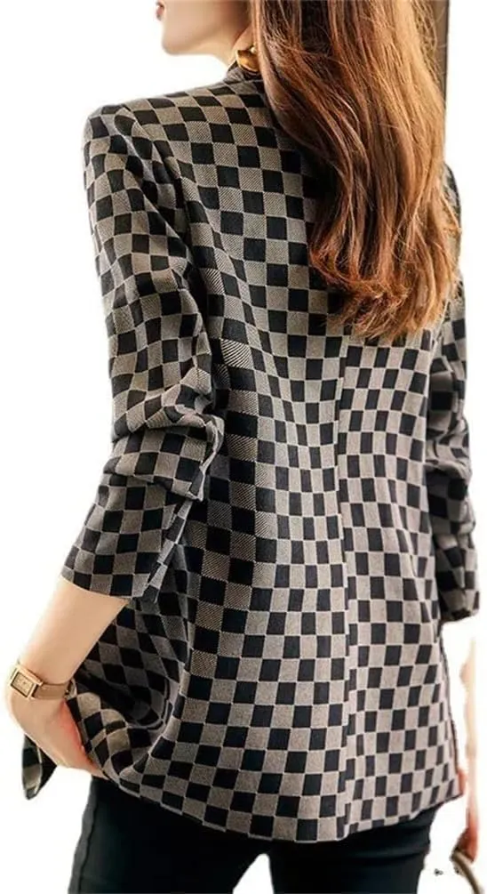 Women Casual Plaid Blazer Coat Spring Female Long Sleeve Single Button Jacket