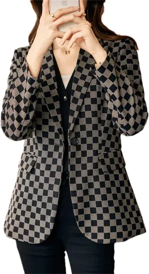Women Casual Plaid Blazer Coat Spring Female Long Sleeve Single Button Jacket