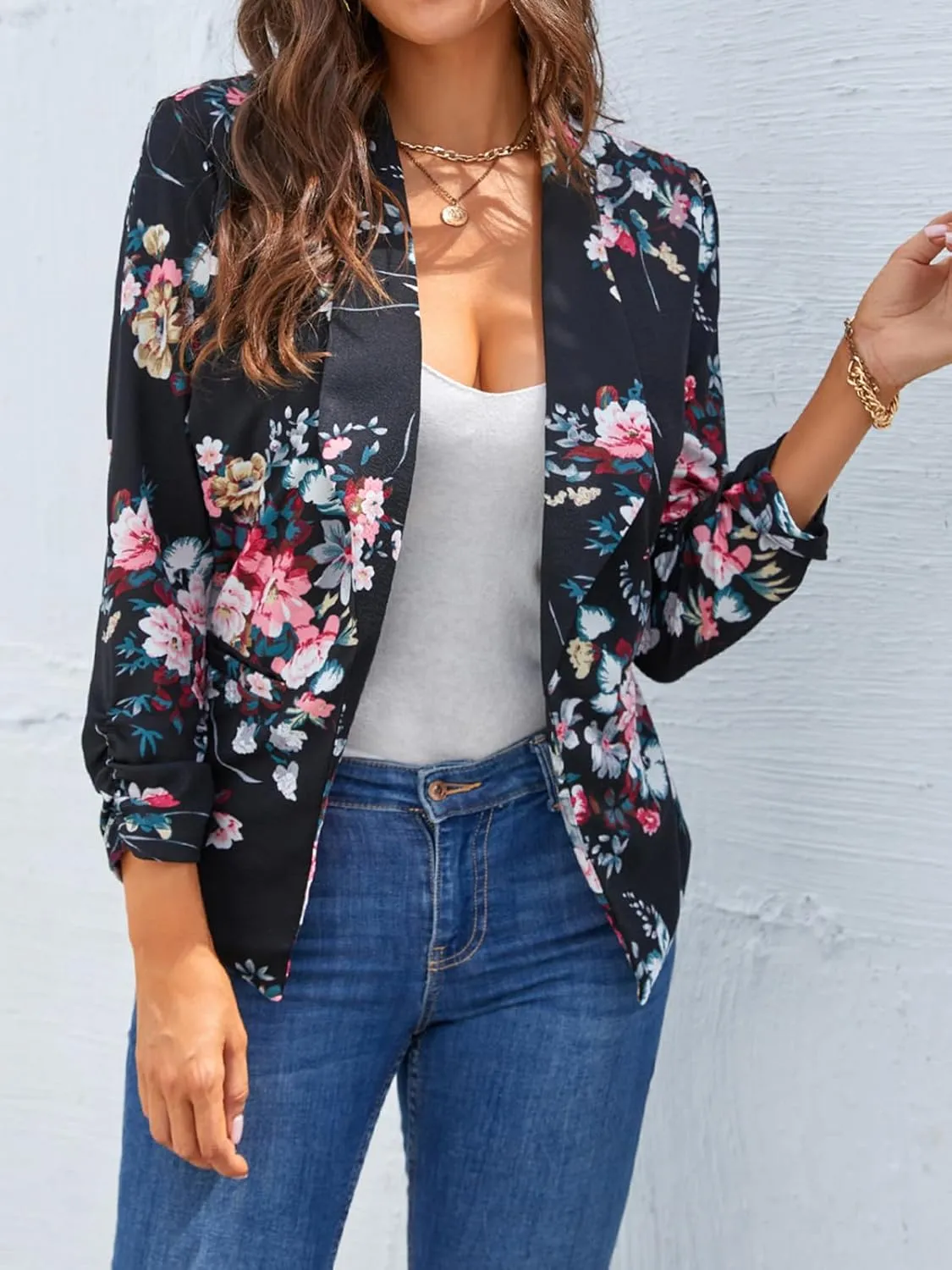 Women Casual Shawl Lapel Work Blazer Ruched 3/4 Sleeve Open Front Business Office Suit Jackets with Pockets