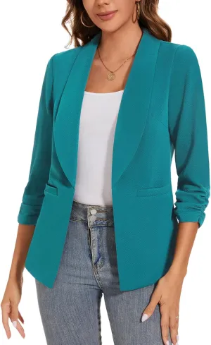 Women Casual Shawl Lapel Work Blazer Ruched 3/4 Sleeve Open Front Business Office Suit Jackets with Pockets