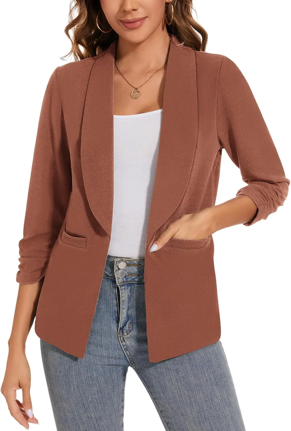 Women Casual Shawl Lapel Work Blazer Ruched 3/4 Sleeve Open Front Business Office Suit Jackets with Pockets