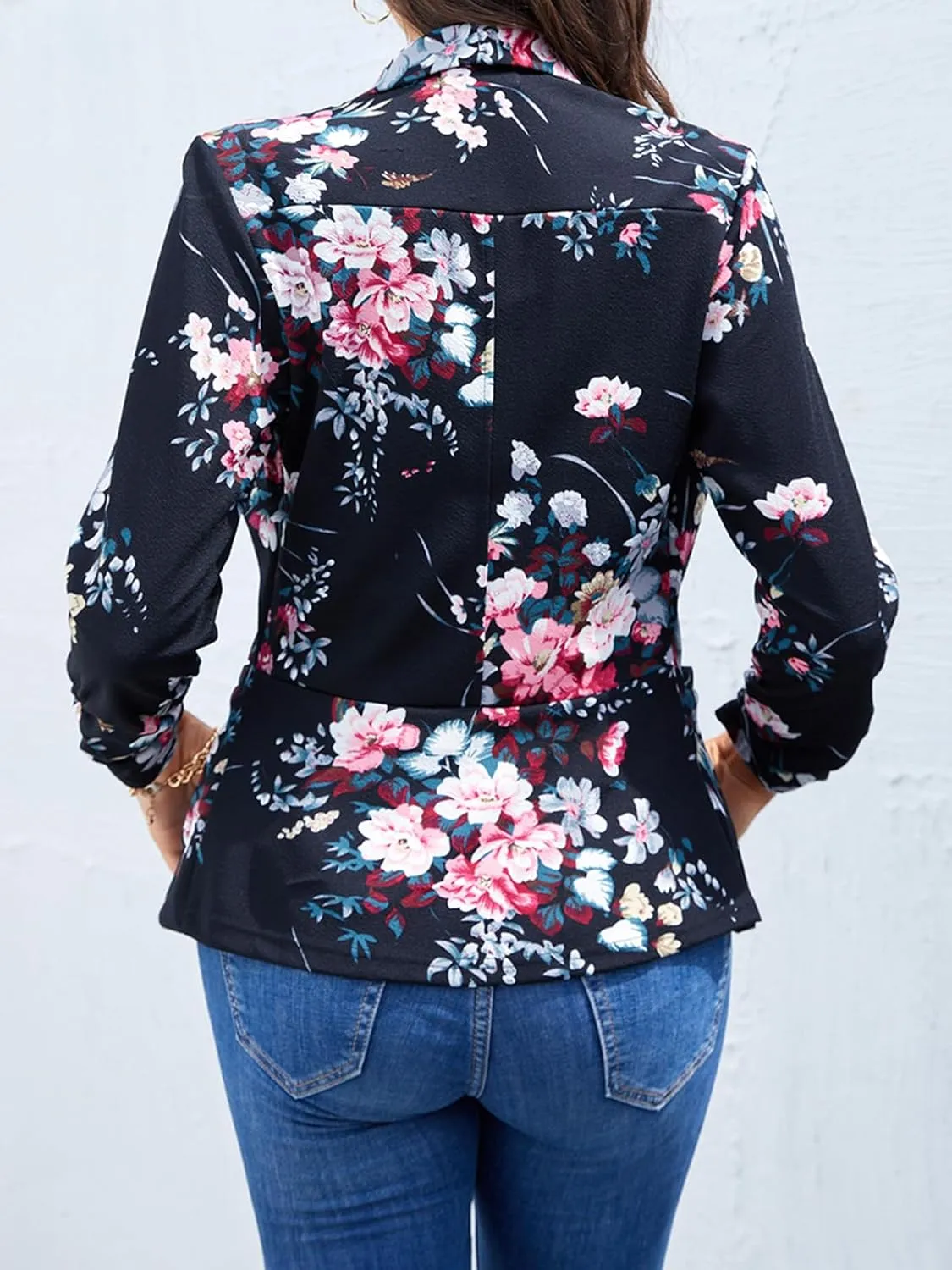 Women Casual Shawl Lapel Work Blazer Ruched 3/4 Sleeve Open Front Business Office Suit Jackets with Pockets