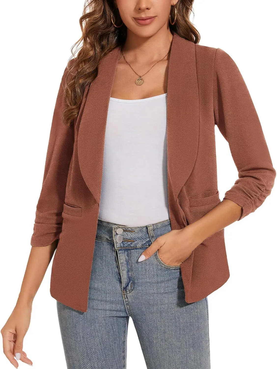 Women Casual Shawl Lapel Work Blazer Ruched 3/4 Sleeve Open Front Business Office Suit Jackets with Pockets