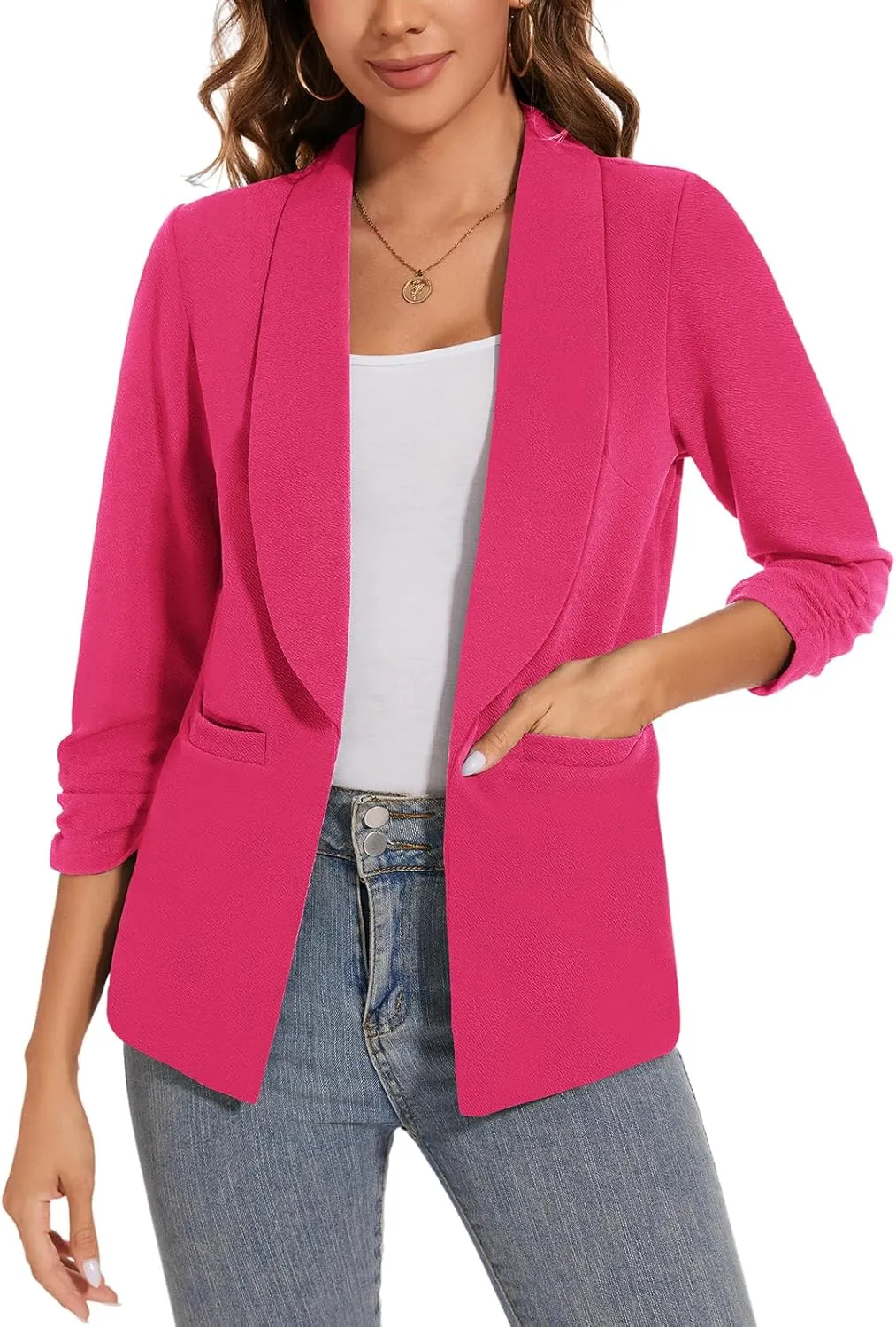 Women Casual Shawl Lapel Work Blazer Ruched 3/4 Sleeve Open Front Business Office Suit Jackets with Pockets