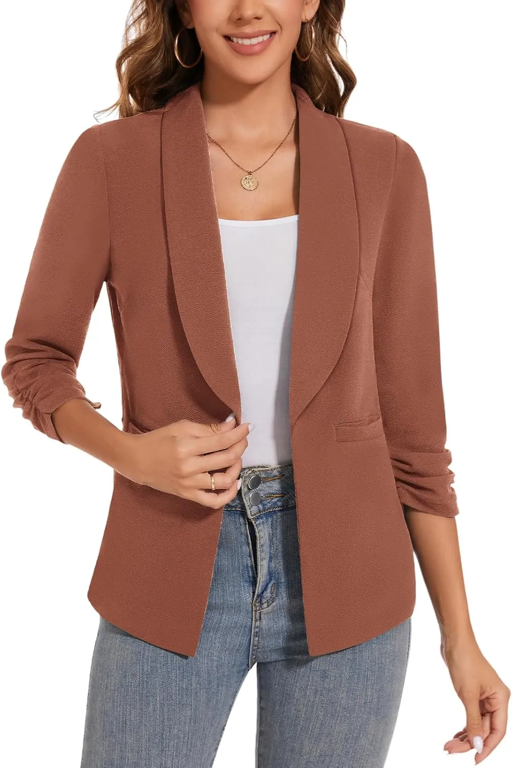 Women Casual Shawl Lapel Work Blazer Ruched 3/4 Sleeve Open Front Business Office Suit Jackets with Pockets