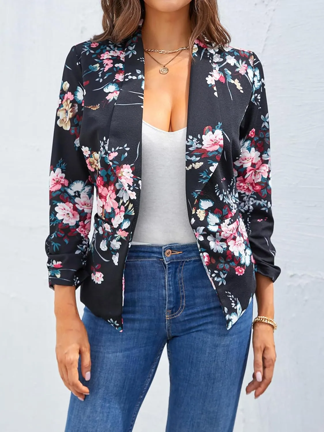 Women Casual Shawl Lapel Work Blazer Ruched 3/4 Sleeve Open Front Business Office Suit Jackets with Pockets