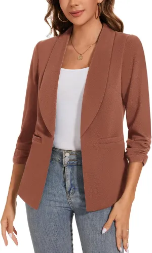 Women Casual Shawl Lapel Work Blazer Ruched 3/4 Sleeve Open Front Business Office Suit Jackets with Pockets