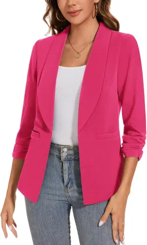 Women Casual Shawl Lapel Work Blazer Ruched 3/4 Sleeve Open Front Business Office Suit Jackets with Pockets
