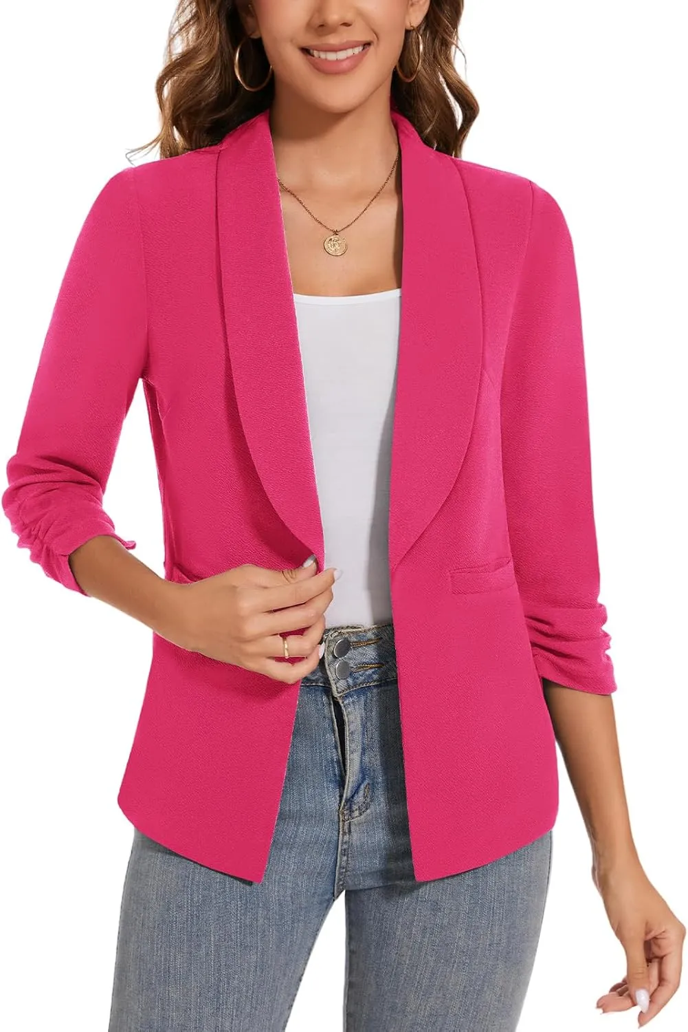Women Casual Shawl Lapel Work Blazer Ruched 3/4 Sleeve Open Front Business Office Suit Jackets with Pockets
