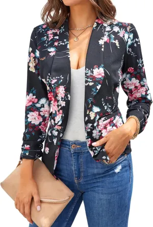 Women Casual Shawl Lapel Work Blazer Ruched 3/4 Sleeve Open Front Business Office Suit Jackets with Pockets
