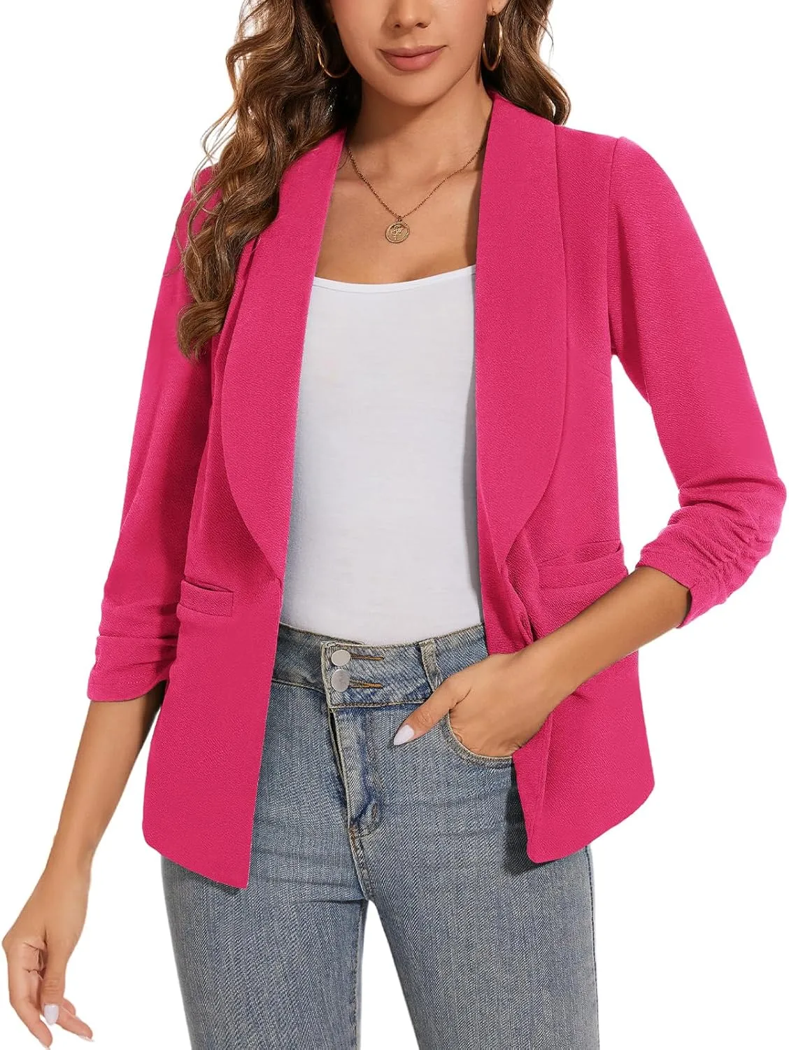 Women Casual Shawl Lapel Work Blazer Ruched 3/4 Sleeve Open Front Business Office Suit Jackets with Pockets