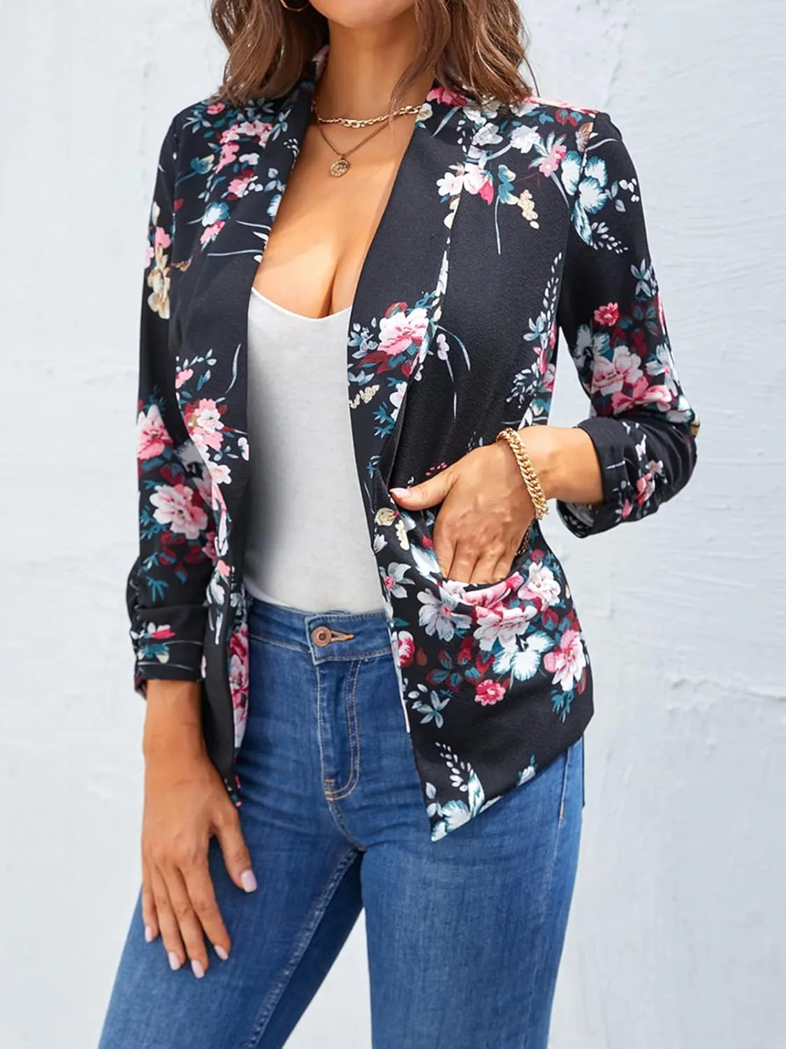 Women Casual Shawl Lapel Work Blazer Ruched 3/4 Sleeve Open Front Business Office Suit Jackets with Pockets