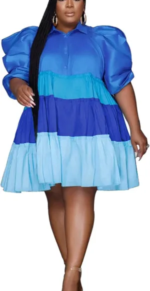 Women Color Block Plus Size Puff Sleeve Mini Shirt Dress Ruffle Hem Babydoll Swing Mini Dress African