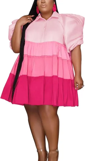 Women Color Block Plus Size Puff Sleeve Mini Shirt Dress Ruffle Hem Babydoll Swing Mini Dress African