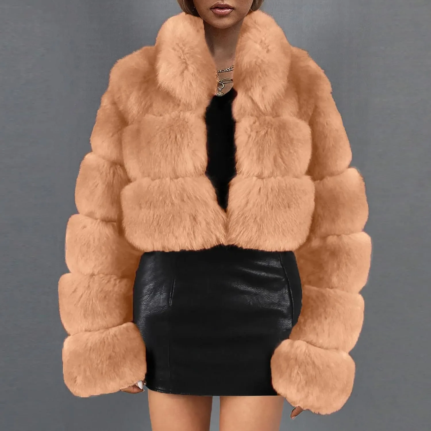 Women Faux Fur Coats Luxury Winter Warm Fluffy Short Jackets Open Front Crop Tops Solid Color Shaggy Outwear