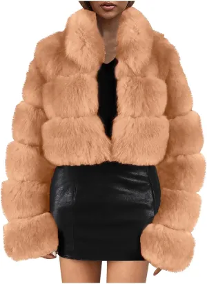 Women Faux Fur Coats Luxury Winter Warm Fluffy Short Jackets Open Front Crop Tops Solid Color Shaggy Outwear