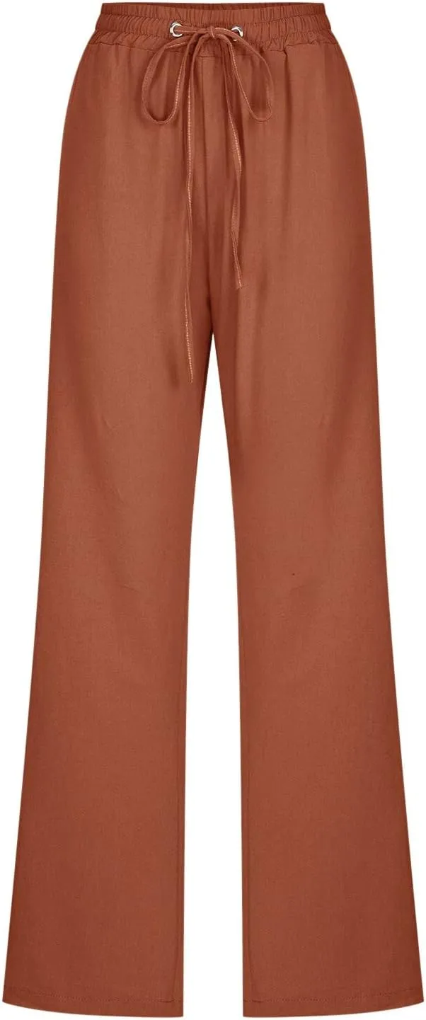 Women Linen Blend Summer Trendy Pants High Waist Stretchy Plus Size Palazzo Lounge Pants Business Work