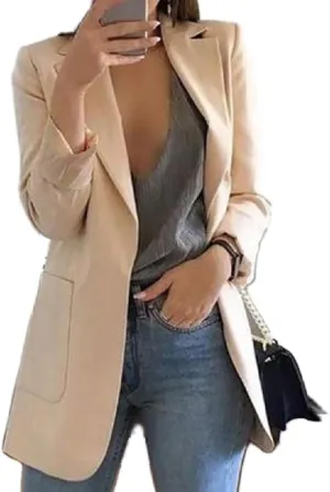 Women Open Front Long Blazer Jacket Long Sleeve Slim Fit Solid Color Cardigan Work Office Blazer with Pockets
