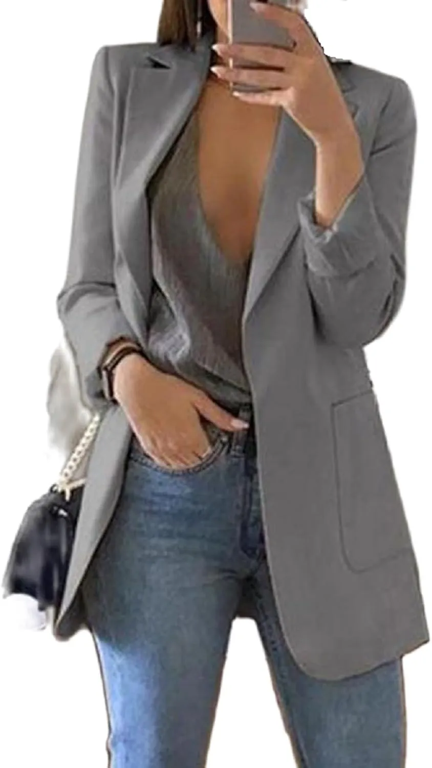 Women Open Front Long Blazer Jacket Long Sleeve Slim Fit Solid Color Cardigan Work Office Blazer with Pockets