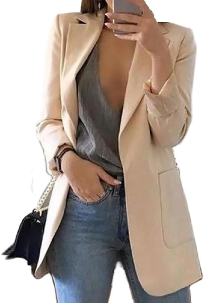 Women Open Front Long Blazer Jacket Long Sleeve Slim Fit Solid Color Cardigan Work Office Blazer with Pockets