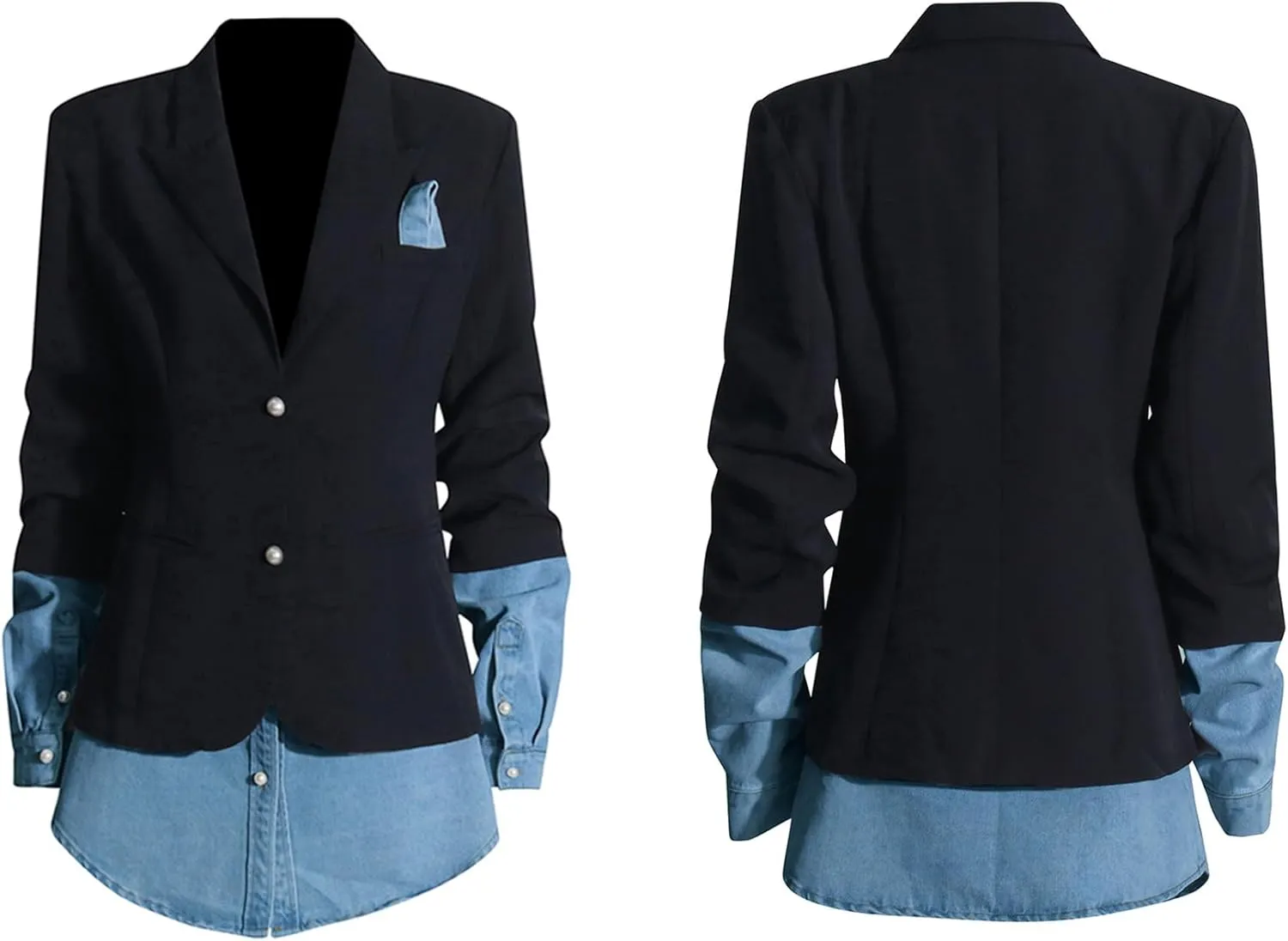Women Patchwork Denim Blazer Business Casual Color Block Lapel Collar Long Sleeve Suit Jacket