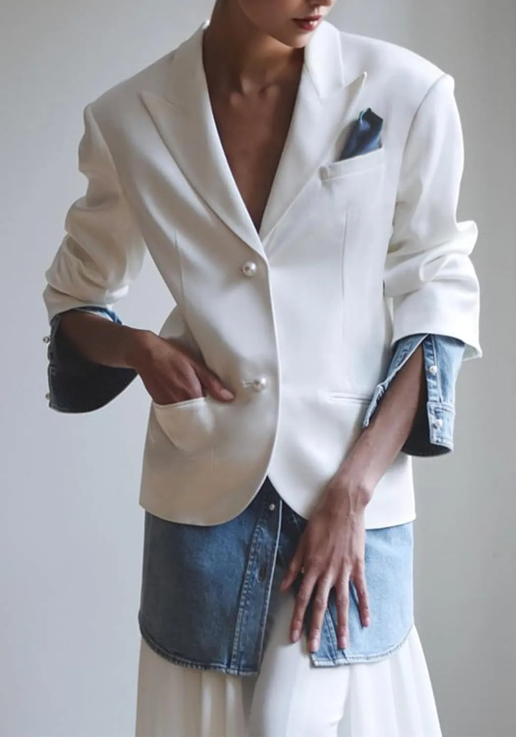 Women Patchwork Denim Blazer Business Casual Color Block Lapel Collar Long Sleeve Suit Jacket