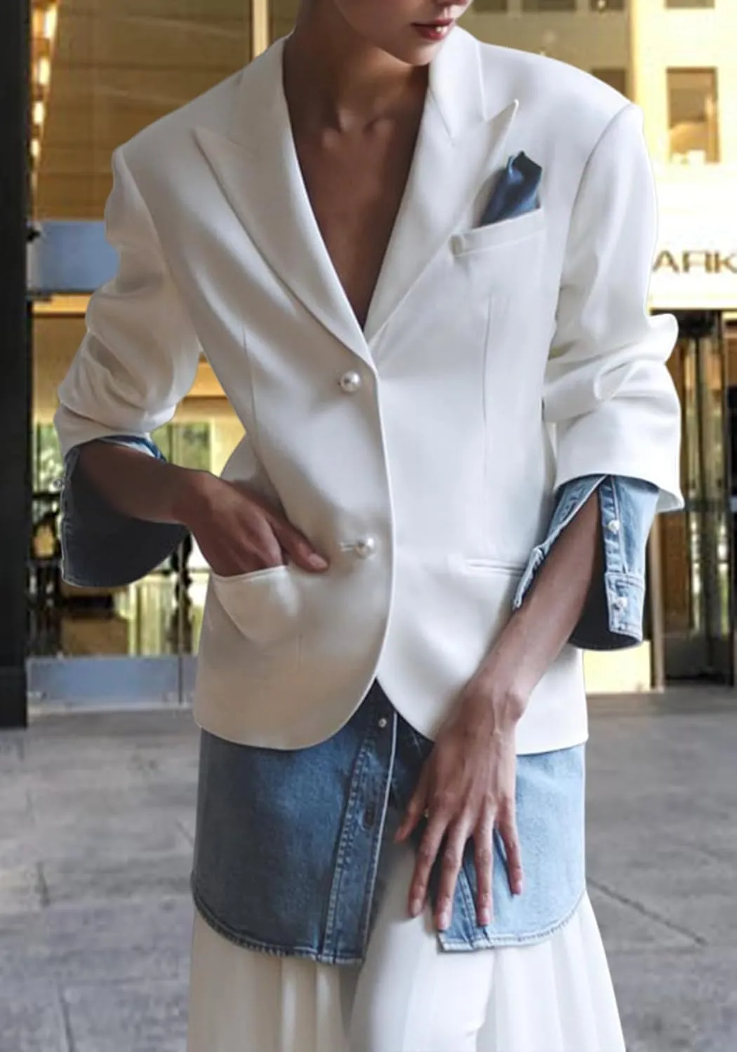 Women Patchwork Denim Blazer Business Casual Color Block Lapel Collar Long Sleeve Suit Jacket