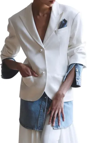 Women Patchwork Denim Blazer Business Casual Color Block Lapel Collar Long Sleeve Suit Jacket