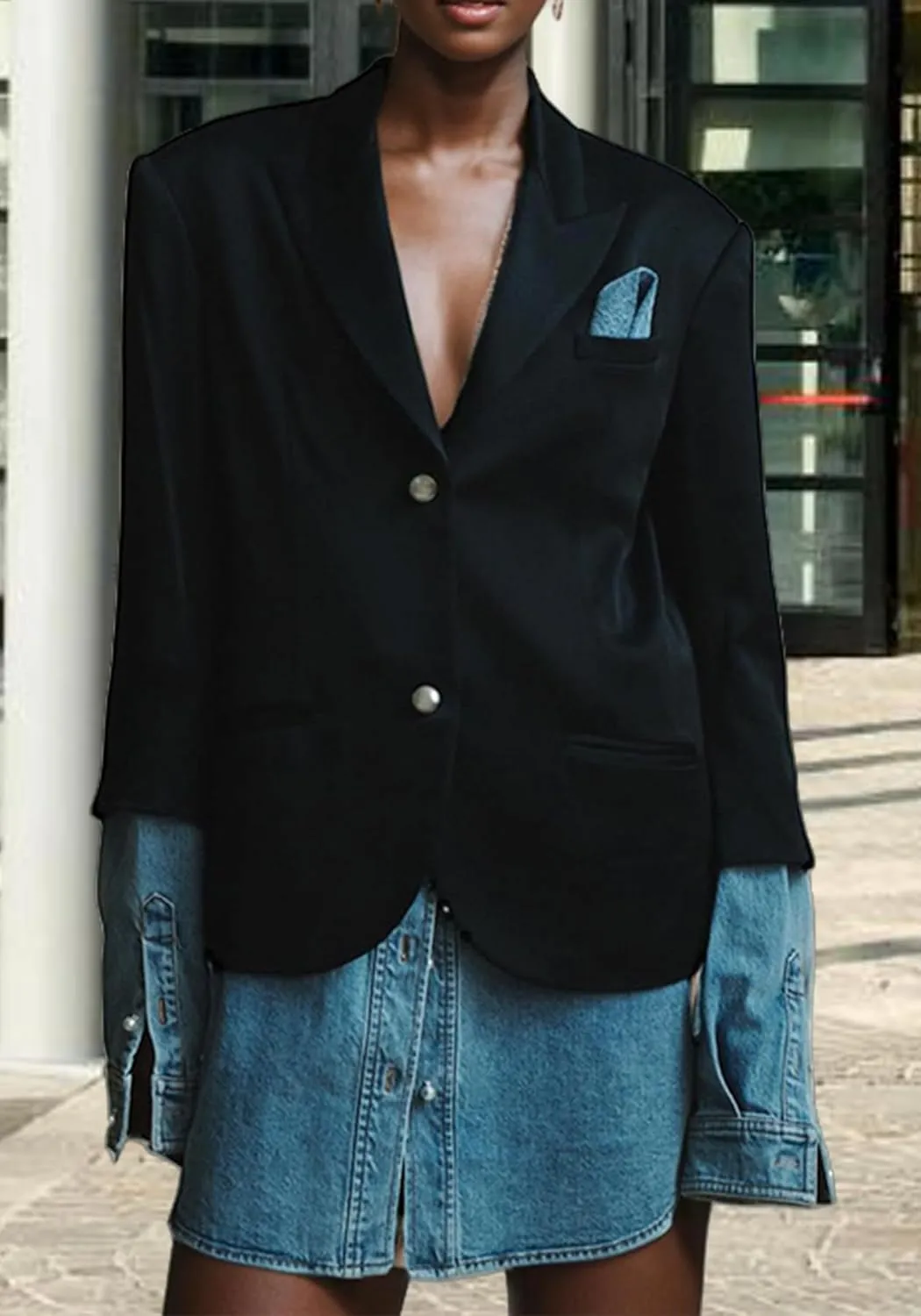 Women Patchwork Denim Blazer Business Casual Color Block Lapel Collar Long Sleeve Suit Jacket