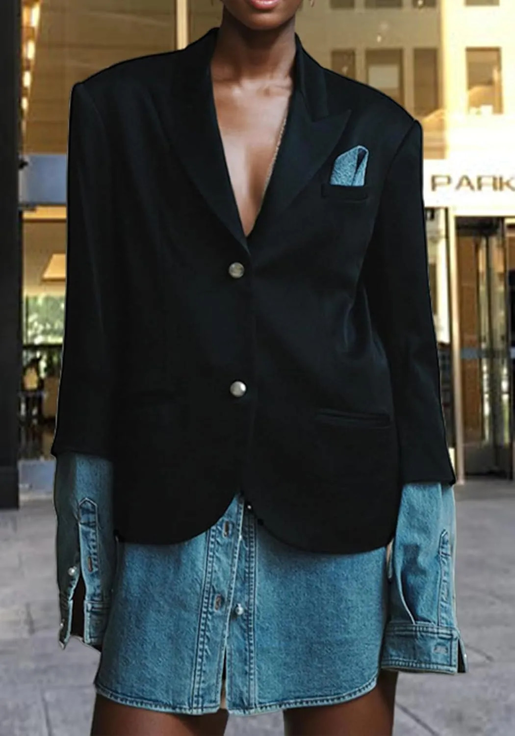 Women Patchwork Denim Blazer Business Casual Color Block Lapel Collar Long Sleeve Suit Jacket