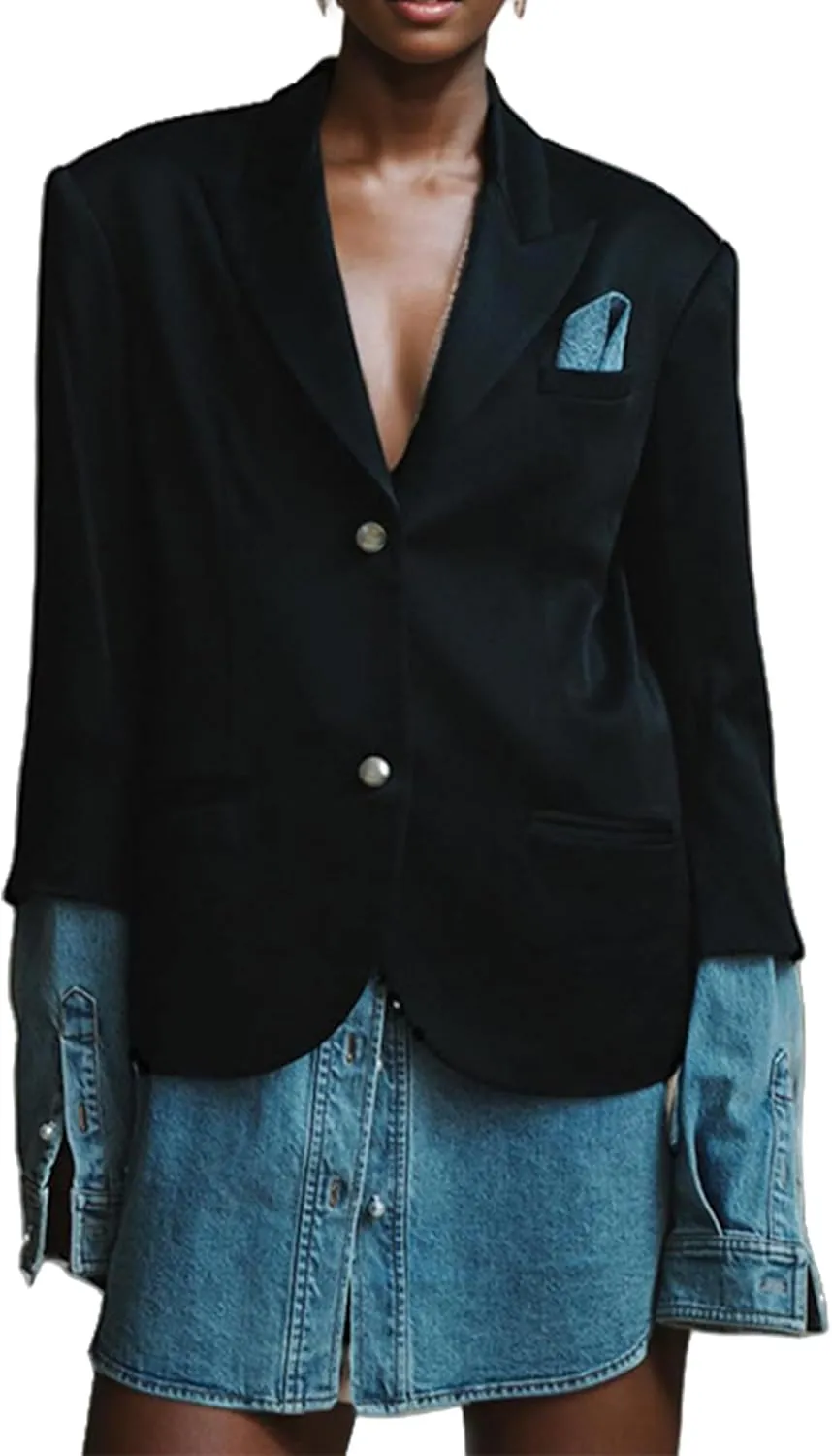 Women Patchwork Denim Blazer Business Casual Color Block Lapel Collar Long Sleeve Suit Jacket