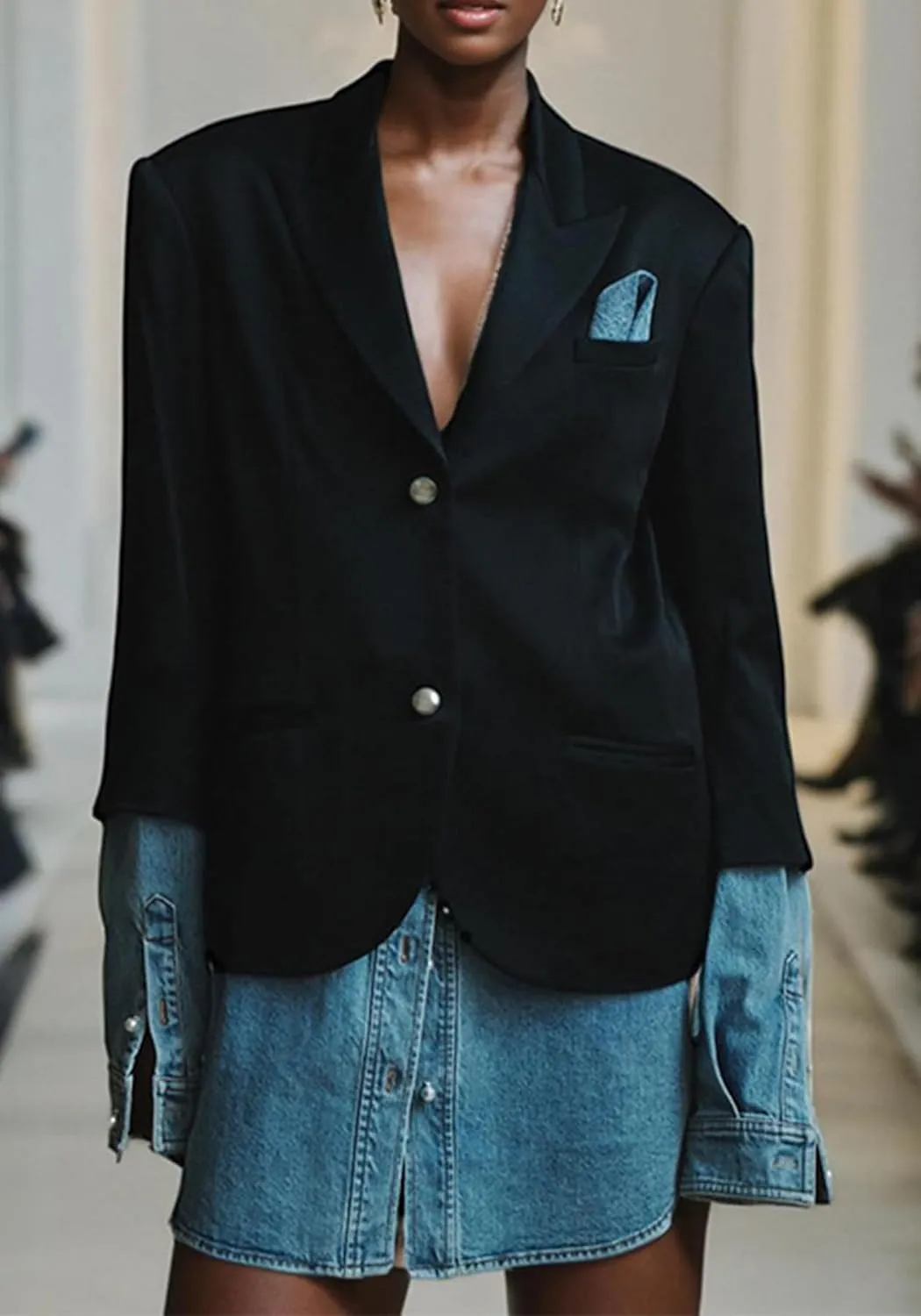 Women Patchwork Denim Blazer Business Casual Color Block Lapel Collar Long Sleeve Suit Jacket