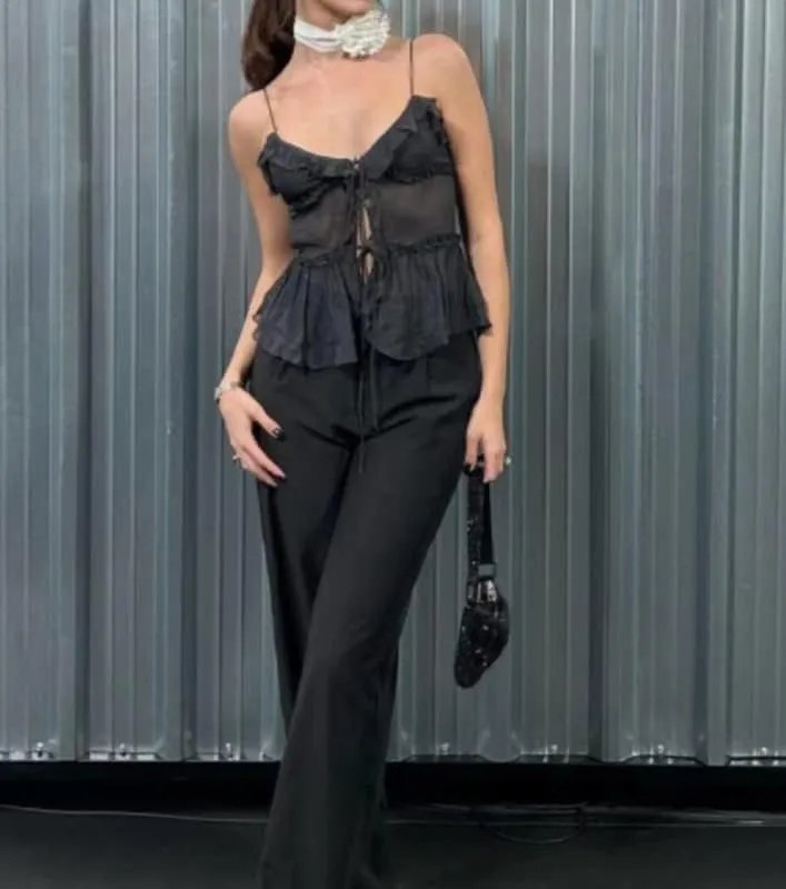 Women Ruffle Trim Crop Camisoles Sheer Mesh Backless Cami Top Open Front Crop Top Slim Fit Streetwear