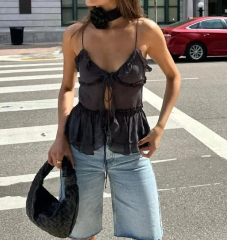 Women Ruffle Trim Crop Camisoles Sheer Mesh Backless Cami Top Open Front Crop Top Slim Fit Streetwear