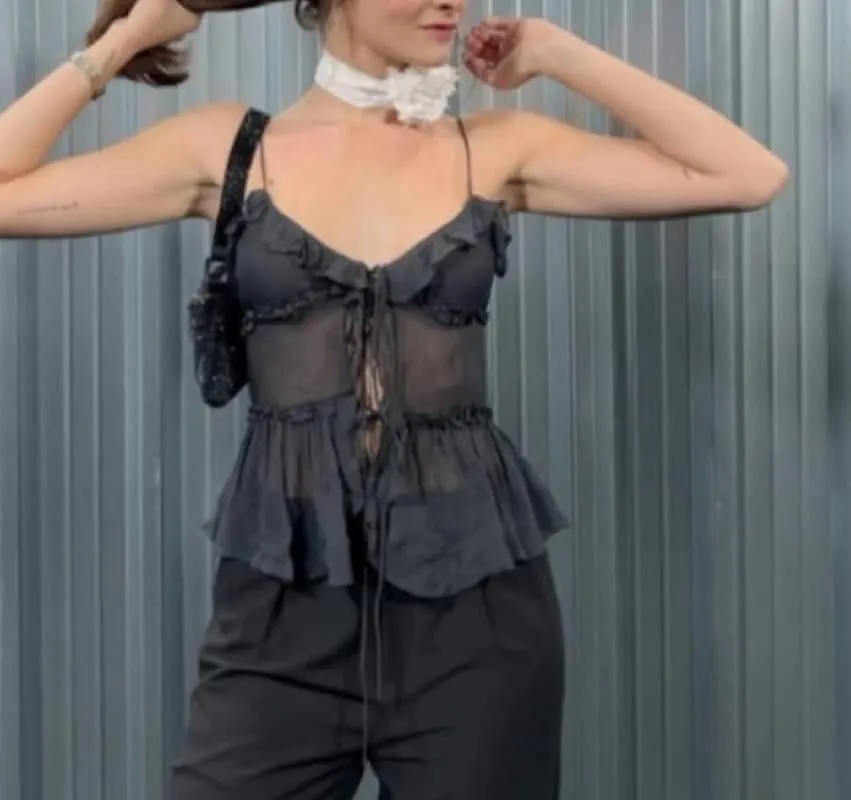 Women Ruffle Trim Crop Camisoles Sheer Mesh Backless Cami Top Open Front Crop Top Slim Fit Streetwear