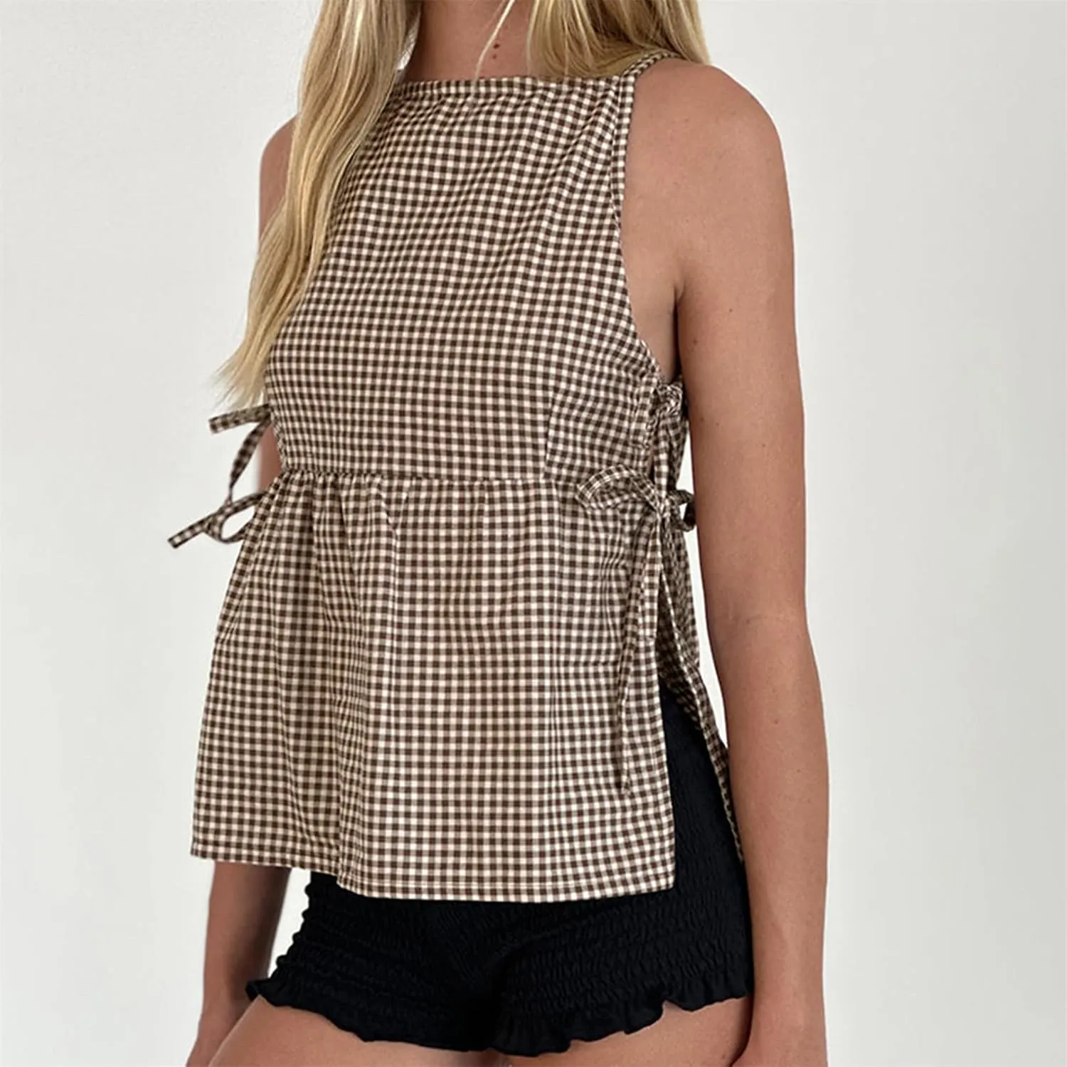 Women Side Tie Tank Top Y2K Vintage Gingham Sleeveless Split Peplum Vest Top Cute Coquette Summer Trendy Streetwear