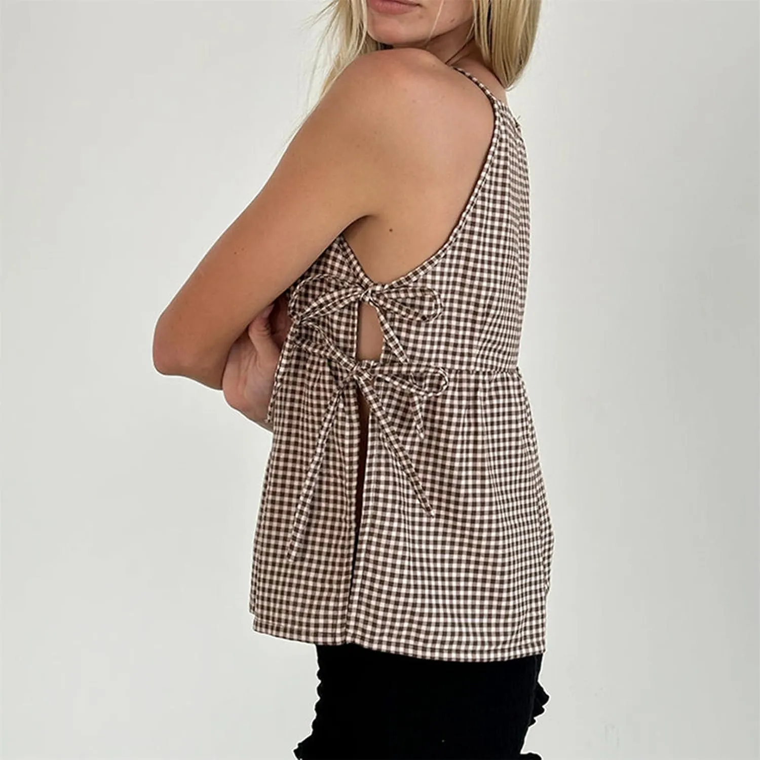 Women Side Tie Tank Top Y2K Vintage Gingham Sleeveless Split Peplum Vest Top Cute Coquette Summer Trendy Streetwear