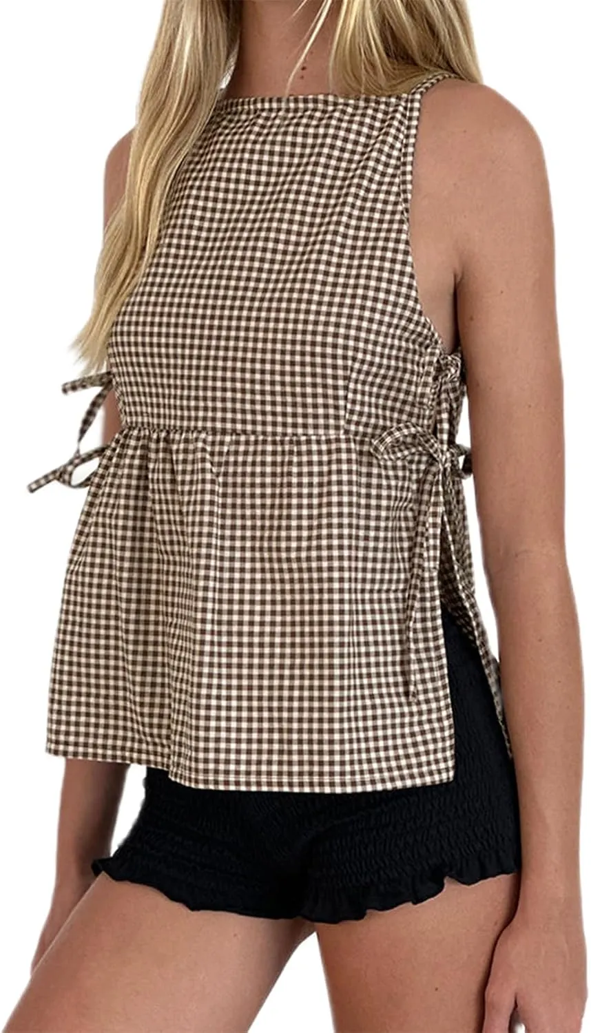 Women Side Tie Tank Top Y2K Vintage Gingham Sleeveless Split Peplum Vest Top Cute Coquette Summer Trendy Streetwear