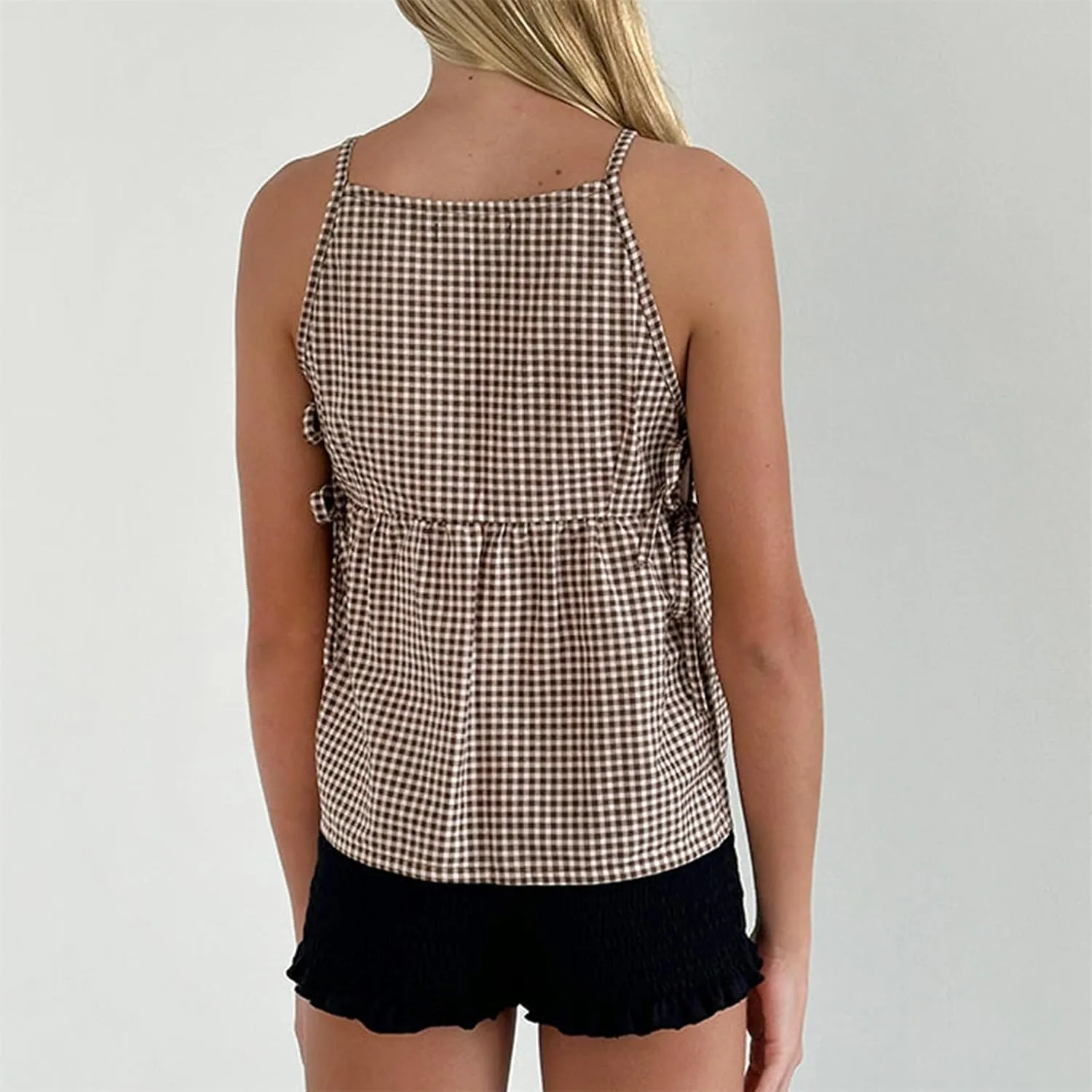 Women Side Tie Tank Top Y2K Vintage Gingham Sleeveless Split Peplum Vest Top Cute Coquette Summer Trendy Streetwear