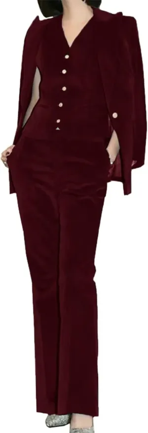 Women Velvet Pant Suits Peaked Lapel Wedding Tuxedos 3 Piece Blazer Jacket Vest Pants